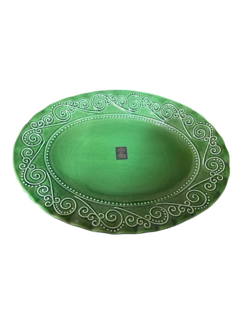 Maoliche Jessica Green Scroll Serving Platter 17” Made In Italy NWT - Small Chip